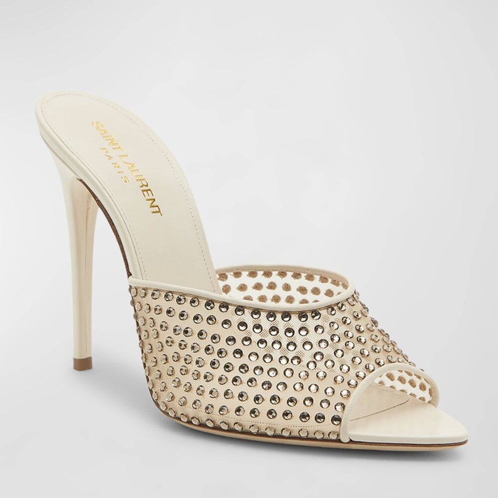 SAINT LAURENT Gippy Crystal Mesh Stiletto Mules Color Nude & Crystal 40